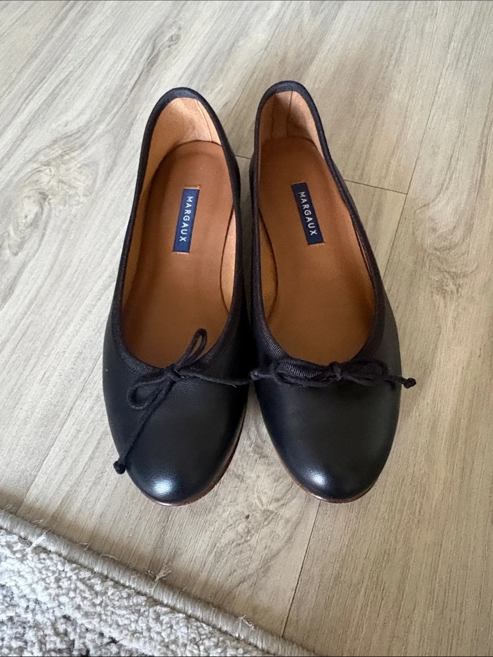 Margaux Demi Black Leather Ballet Flats with Bow Trim